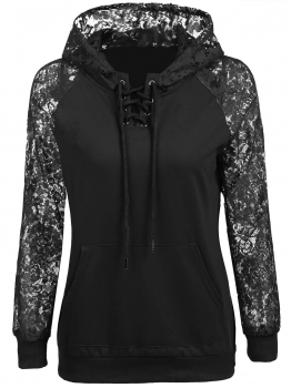 

Black Long Sleeve Lace Patchwork Front Pullover Pocket Hoodie, Multicolor