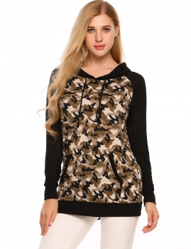 

Black Long Sleeve Hooded Camouflage Sports Loose Hoodies, Multicolor