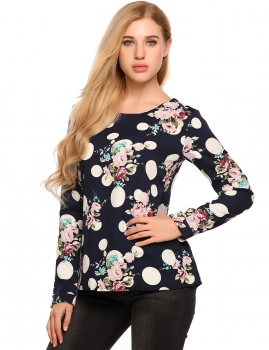 

Navy blue Floral Crew Neck Long Sleeve Loose Blouse, Multicolor