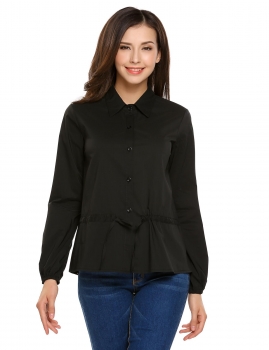 

Black Long Sleeve Slim Drawstring Button Down Shirt, Multicolor