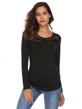 

Black Long Sleeve Lace Patchwork Characteristic Hem Henley Tops, Multicolor