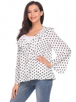 

White Ruffles V-Neck Long Sleeve Polka Dot Blouse, Multicolor