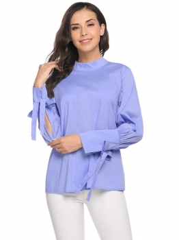 

Light blue Stand Neck Tie-Bow Knotted Long Sleeve Loose Tops, Multicolor