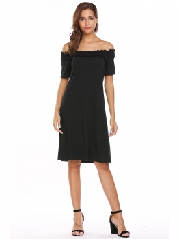 

Black Solid Off Shoulder Ruffles Half Sleeve Shift Dress, Multicolor