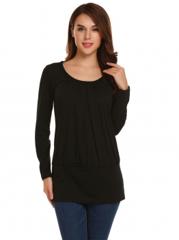 

Black Long Sleeve O Neck Solid Pleated Front Package Hip Tunic Tops, Multicolor