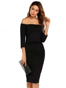 

Black 3"4 Sleeve Solid Ruched Off Shoulder Pencil Dress, Multicolor