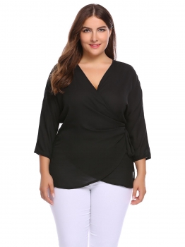

Black Solid Wrap Tie Long Sleeve Chiffon Blouse, Multicolor