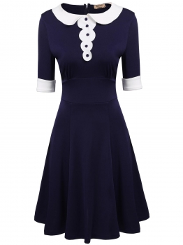 

Blue Vintage Style Peter Pan Collar Short Sleeve Patchwork A-Line Dress, Multicolor