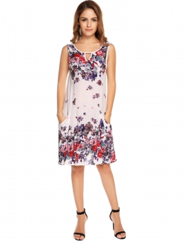

White Sleeveless Floral Print Scoop Keyhole Shift Dress, Multicolor