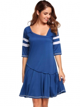 

Blue Half Sleeve Oblique V-Neck Pleated Contrast Color Dress, Multicolor