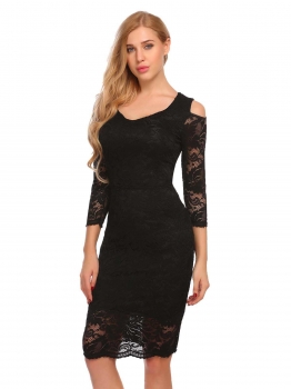 

Black Cold Shoulder 3"4 Sleeve Bodycon Lace Party Pencil Dress, Multicolor