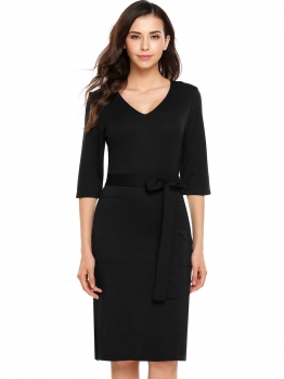 

Black 3"4 Sleeve Solid V Neck Business Dress With Belt, Multicolor