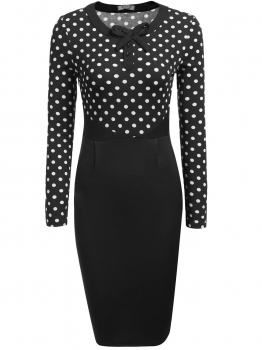 

Black Long Sleeve Dot Patchwork Bodycon Pencil Dress, Multicolor