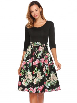 

Black O-Neck 3"4 Sleeve Patchwork A-Line Pleated Swing Casual Dress, Multicolor