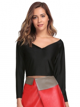 

Black Women Casual V-Neck Long Sleeve Solid Short Pullover Tops T-shirt Blouse, Multicolor
