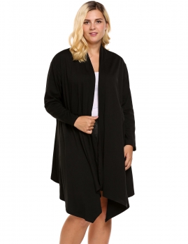 

Black Plus Size Long Sleeve Solid Draped Open Front Asymmetrical Long Cardigan, Multicolor