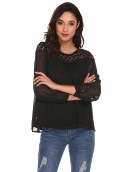 

Black Long Sleeve Loose Patchwork Sexy Chiffon Shirt Tops, Multicolor