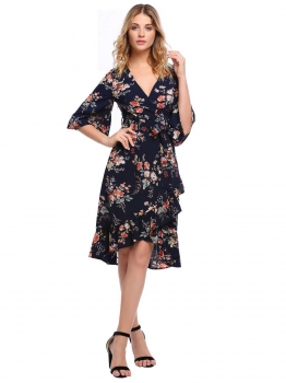 

Navy blue Surplice Neck Ruffle Asymmetrical Hem Kimono Dress with Belt, Multicolor