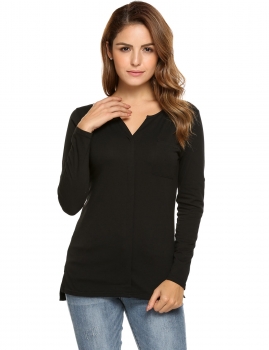 

Black Long Sleeve Split Notch Neck Slim Fit Solid Tops, Multicolor