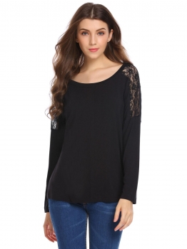

Black O-Neck Long Sleeve Lace Patchwork Tops, Multicolor