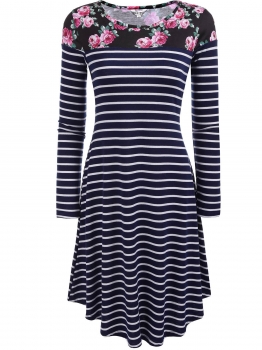 

Navy blue Floral Print Striped Long Sleeve Flared A-Line Dress, Multicolor