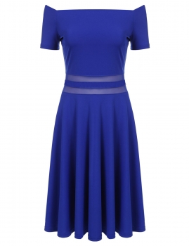 

Blue Slash Neck Waist Mesh Patchwork Solid Pleated Dress, Multicolor