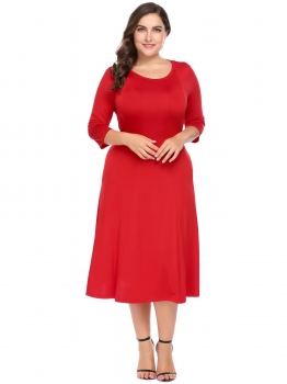 

Red Women Plus Size 3"4 Sleeve A-Line Flared Midi Long Dress, Multicolor