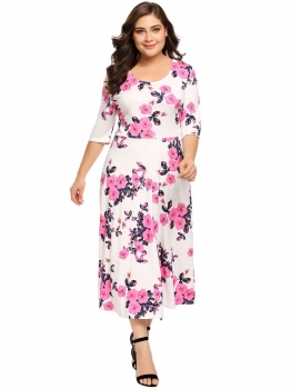 

Pink Plus Size Vintage Style Half Sleeve Floral Swing High Waist Dress, Multicolor