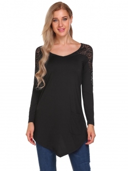 

Black V-Neck Long Sleeve Lace Patchwork Tops, Multicolor