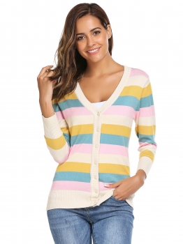 

Multi-color V-Neck 3"4 Sleeve Patchwork Thread Hem and Cuffs Button Cardigans, Multicolor