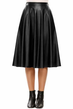 

Black Elastic Waist Synthetic Leather Calf Pleated Solid Skirt, Multicolor