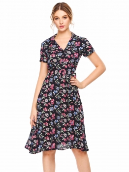 

Navy blue Vintage Couture Retro Knee Length Floral Print V Neck Casual Dress with Belt, Multicolor