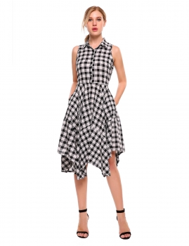 

Black Turn Down Collar Sleeveless Plaid Asymmetric Hem Knee Dress, Multicolor