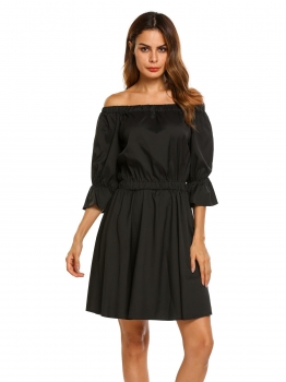 

Black Off the Shoulder 3"4 Flare Sleeve Elastic Waist Pleated Dress, Multicolor