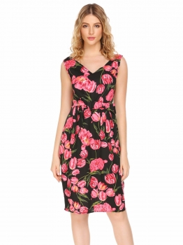 

Black Vintage Sleeveless Bow Floral V Neck Dress, Multicolor