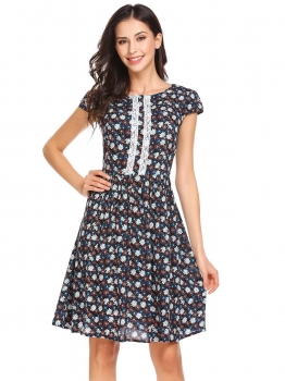 

Black O-Neck Cap Sleeve Lace Prints A-Line Pleated Retro Style Sexy Dress, Multicolor