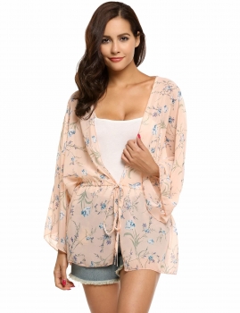 

Beige Batwing Sleeve Floral Printed Waist Chiffon Kimono, Multicolor