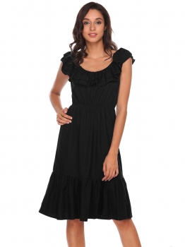 

Black Sleeveless Boat Neck Ruffles Fit and Flare Casual Dress, Multicolor