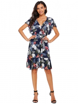 

Dark blue Ruffles Sleeve Floral Short Dress, Multicolor
