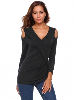 

Black Surplice Neck Cold Shoulder 3"4 Sleeve Slim Tops, Multicolor