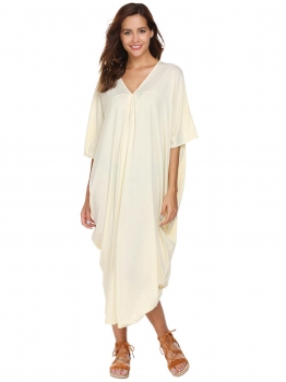 

Beige Batwing Sleeve Solid Ruched Loose Dress, Multicolor