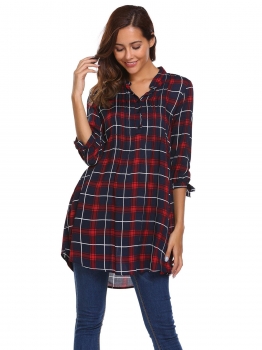 

Red 3"4 Sleeve Split Plaid Loose Shirt, Multicolor