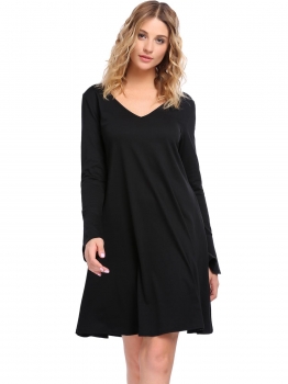 

Black V Neck Long Sleeve Solid Shift Dress, Multicolor