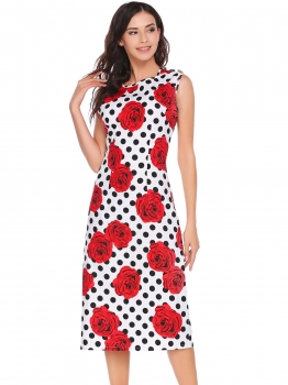 

White O-Neck Sleeveless Dot Slim Pencil Dress, Multicolor