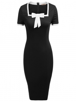

Black Square Neck Short Sleeve Bow-Tie Bodycon Pencil Dress, Multicolor