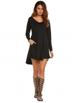 

Black V-Neck Long Sleeve Solid Asymmetrical Short Dress, Multicolor