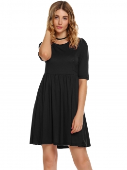 

Black Solid O-Neck Short Sleeve Pocket A-Line Pleated Dress, Multicolor
