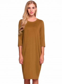 

Brown O Neck 3"4 Sleeve Solid Loose Dress, Multicolor