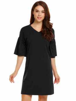 

Black Flare Sleeve Solid V Neck Shift Dress, Multicolor