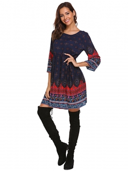 

Blue 3"4 Sleeve Print O-Neck Loose Dress, Multicolor